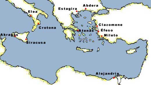 Principales ciudades de las que son originarios los primeros filósofos y/o en las que se desarrolla la filosofía antigua.